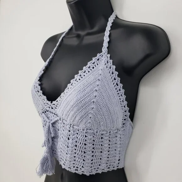 3/$25 Kendall & Kylie Crochet Knit Cropped Halter Top L Boho Backless Ties Blue - Picture 5 of 7